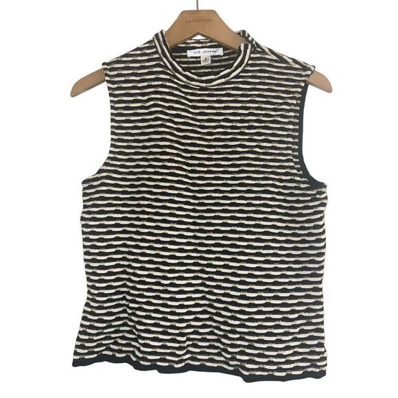 ✨ST. JOHN Knit Sz Small Sweater Vest Shell Sleeveless Striped Black White Gold✨ - Picture 1 of 7
